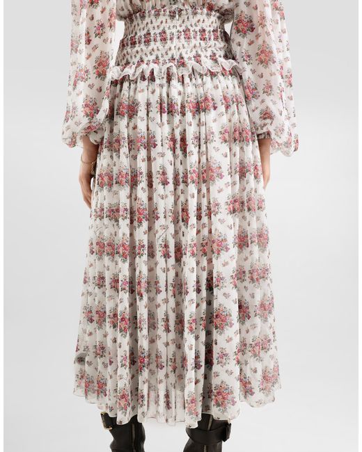 Dolce & Gabbana White Small Flower Bouquets-Print Long Chiffon Dress