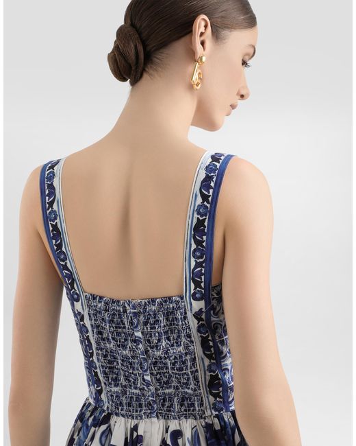 Robe Bustier Mi-Longue En Popeline À Imprimé Majoliques Dolce & Gabbana en coloris White
