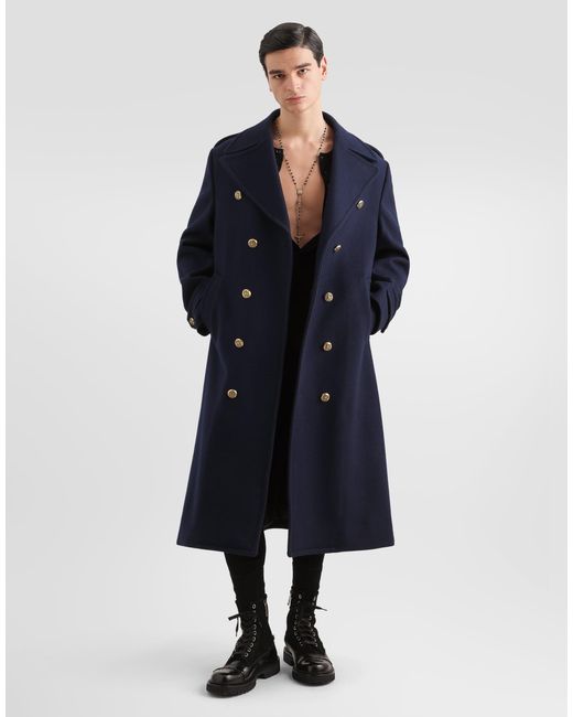 Dolce & Gabbana Blue Double-Breasted Wool Coat for men