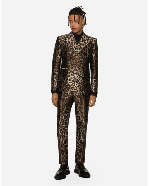 Dolce & Gabbana Black Double-Breasted Leopard-Design Jacquard Sicilia-Fit Suit for men