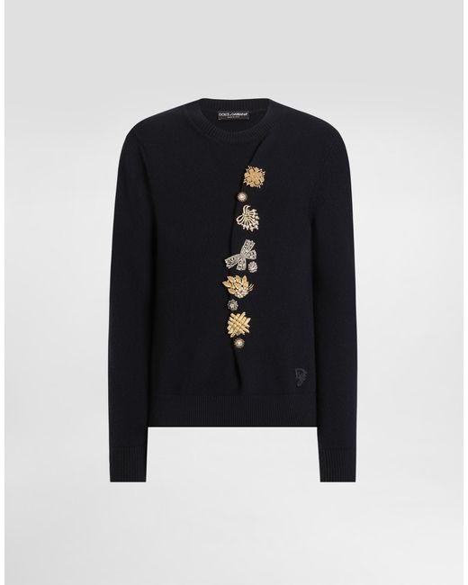 メンズ Dolce & Gabbana ジュエルボタン ウール ラウンドネック セーター Blue