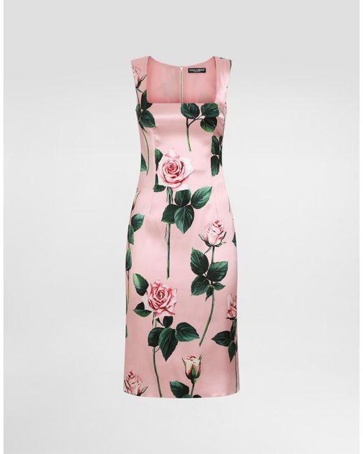 Dolce & Gabbana Pink Satin Calf-Length Sheath Dress With Rose