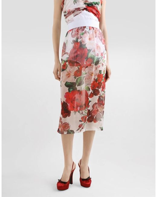 Dolce & Gabbana White Rose- Chiffon Calf-Length Skirt