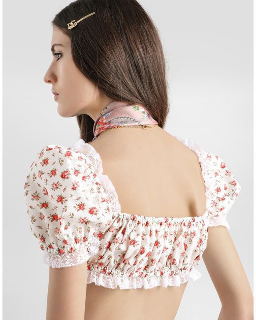 Dolce & Gabbana White Small Rose-Print Poplin Top