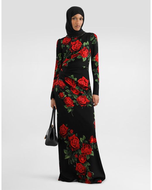 Dolce & Gabbana Red Rose-Print Charmeuse Dress
