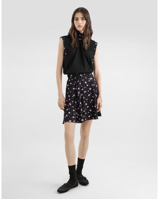 Dolce & Gabbana Black Carnations-Print Silk Canvas Skirt