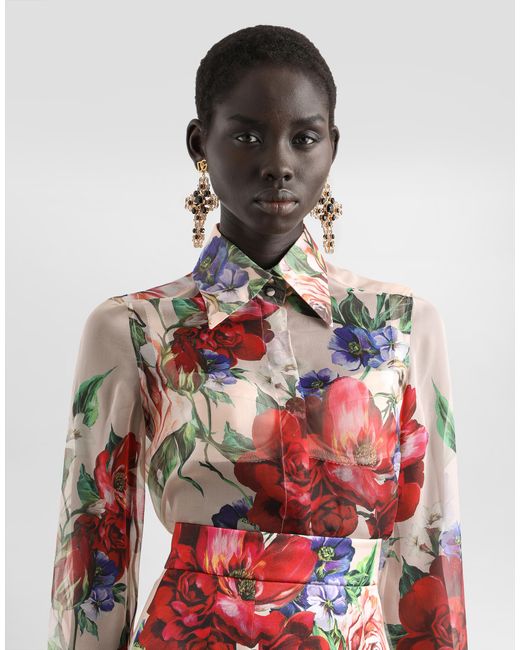 Dolce & Gabbana White Long-Sleeved Floral- Chiffon Shirt