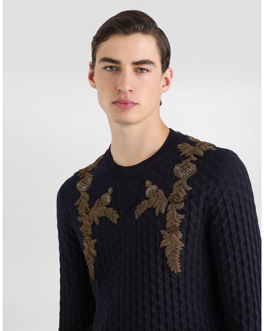 Dolce & Gabbana Blue Micro-Dot Stitch Silk Pullover for men