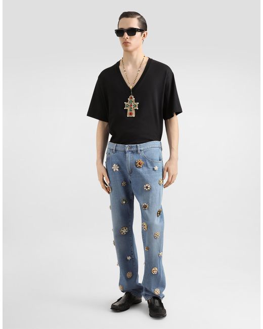 メンズ Dolce & Gabbana パッチ コットン Vネック Tシャツ Black