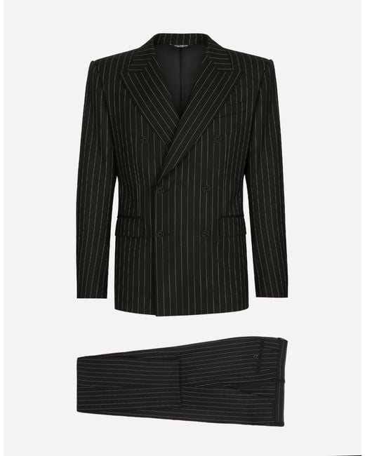 Dolce & Gabbana Black Double-Breasted Pinstripe Stretch Wool Sicilia-Fit Suit for men