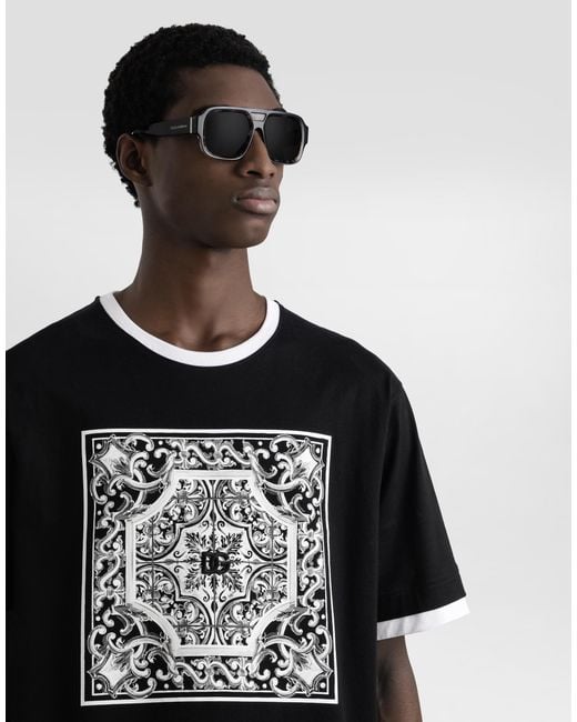 Dolce & Gabbana Black Cotton T-Shirt With Print And Embroidery for men
