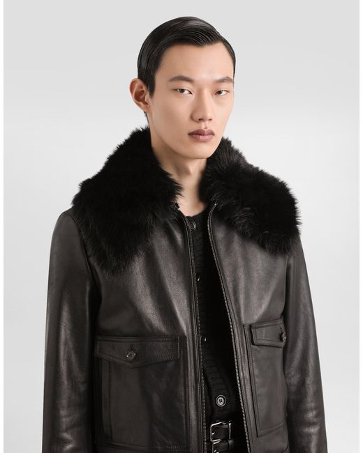 Dolce & Gabbana Single-Breasted Coat With Fur Collar in Black für Herren