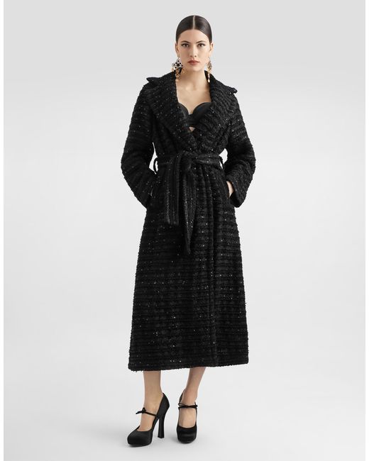 Dolce & Gabbana Black Tweed Coat With Micro-Sequin Embellishment