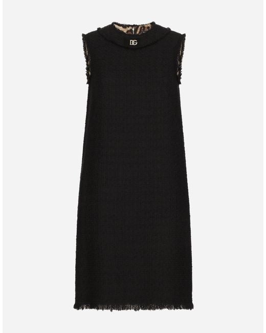 Dolce & Gabbana Black Midikleid Aus Raschel-Tweed Mit Dg-Logo