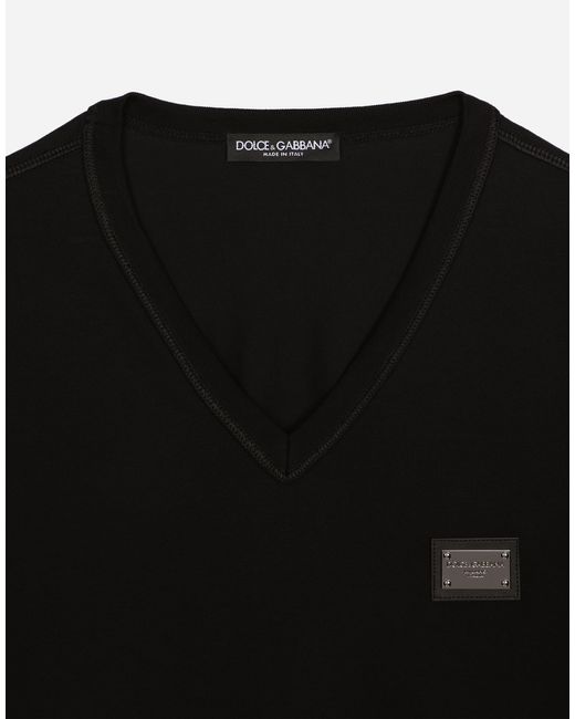 Dolce & Gabbana Black Cotton V-Neck T-Shirt With Branded Tag for men