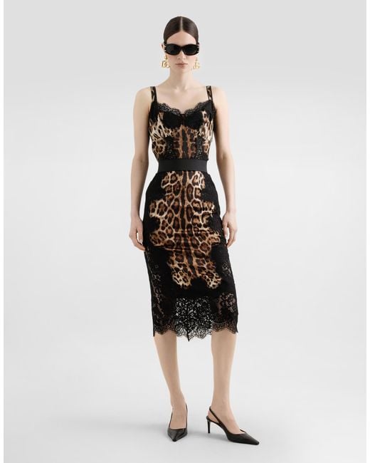 Dolce & Gabbana Black Leopard-Print Satin Top With Lace Inlay
