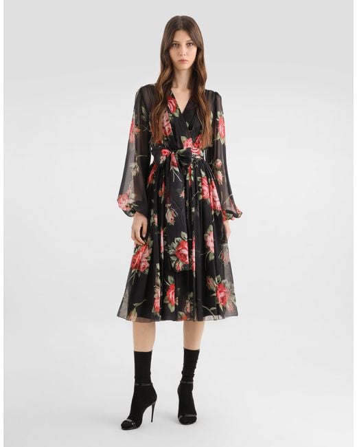 Dolce & Gabbana White Rose Bouquet-Print Chiffon Dress