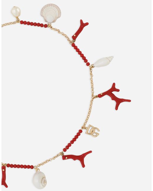 Dolce & Gabbana Metallic Halskette Mit Dg-Logo Und Muschel-Charms Und Koralle