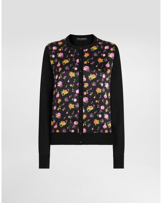 Dolce & Gabbana Black Small Rose Bouquets-Print Satin Cardigan