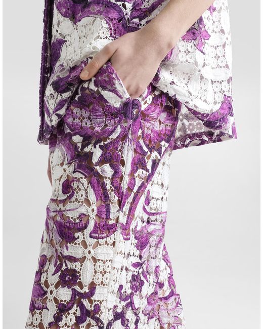 Dolce & Gabbana Purple Majolica-Print Crochet Lace Trousers