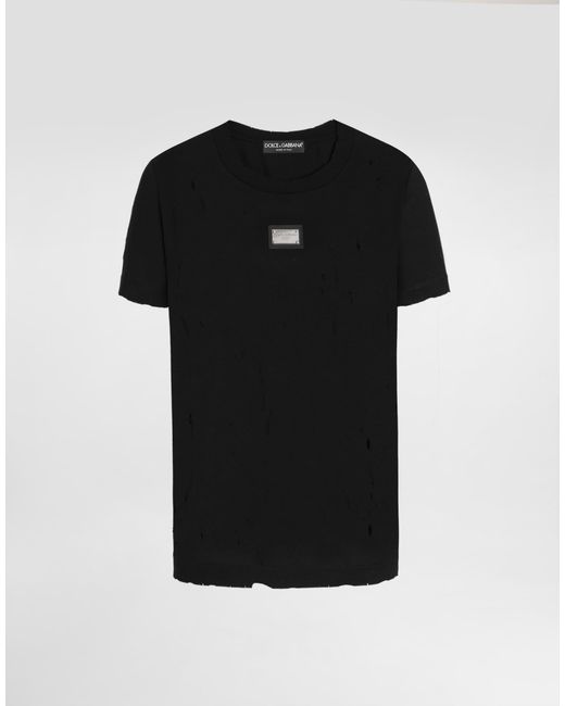 Dolce & Gabbana Black Jersey T-Shirt With Rips And Tag