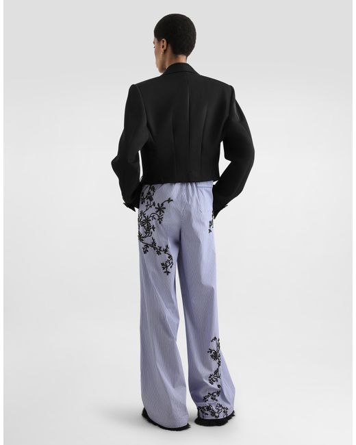 Dolce & Gabbana Blue Striped Poplin Trousers With Flowers Embroidery