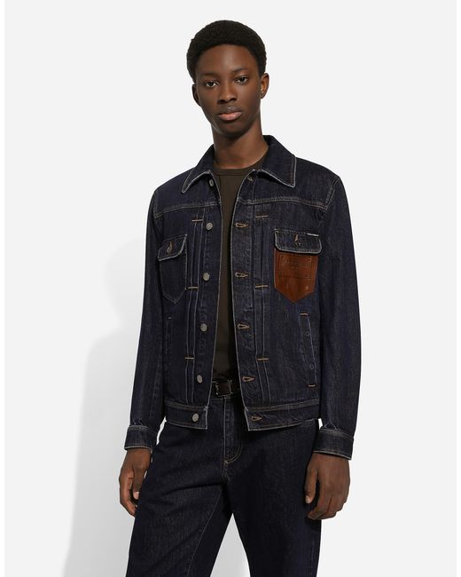 Dolce & Gabbana Blue Denim Jacket With Embossed Tag On Leather for men