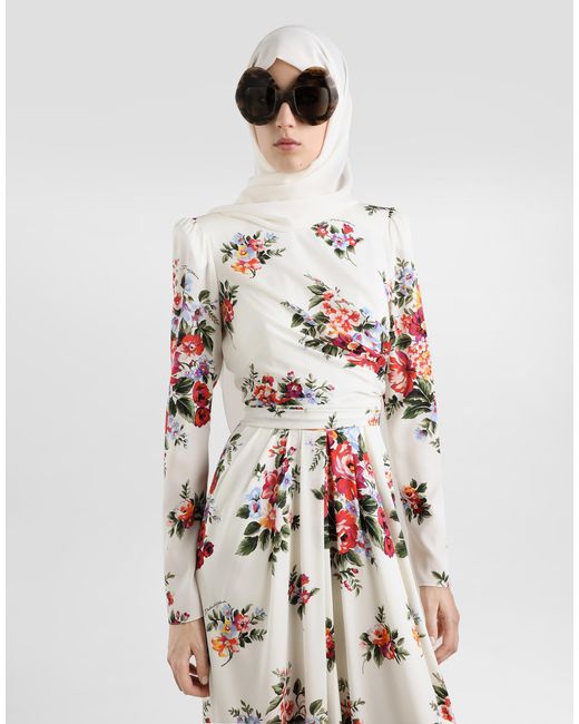 Dolce & Gabbana White Flower Bouquet-Print Charmeuse Dress