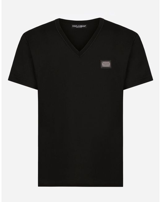 Dolce & Gabbana Black Cotton V-Neck T-Shirt With Branded Tag for men