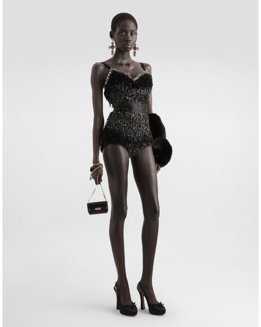 Dolce & Gabbana Black Bestickter Body Mit Pailletten Und Kleinen Perlen