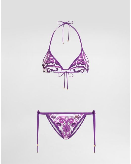Bikini A Triangolo Stampa Maiolica di Dolce & Gabbana in Purple