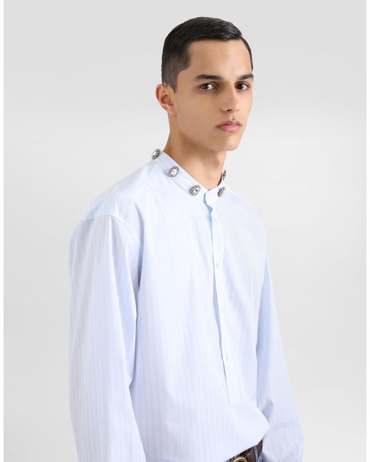 Dolce & Gabbana White Cotton Shirt With Bejeweled Detailing for men