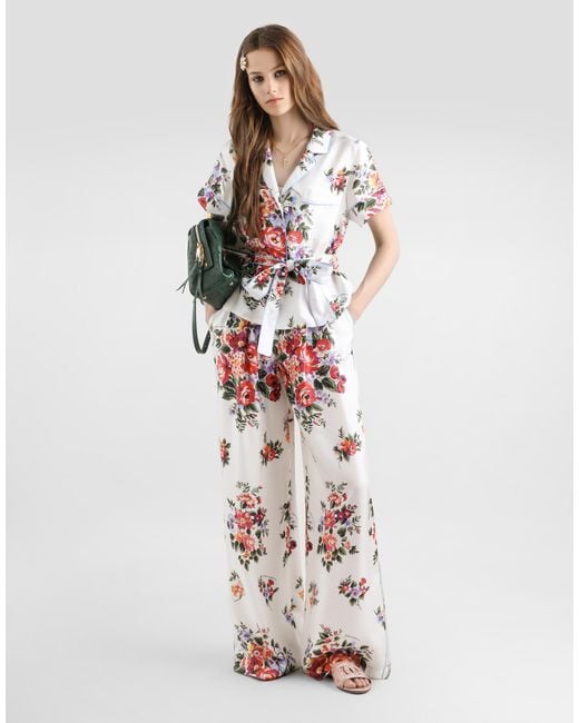 Dolce & Gabbana White Flower Bouquet-Print Twill Trousers