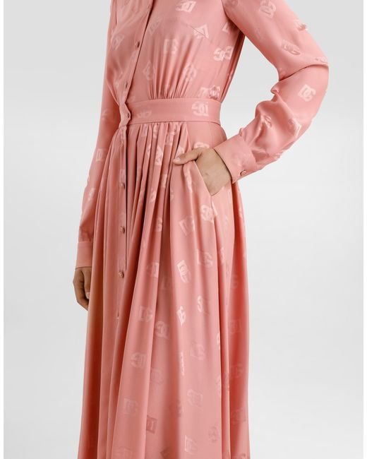 Dolce & Gabbana Pink Silk Satin Jacquard Shirt Dress With Dg Logo