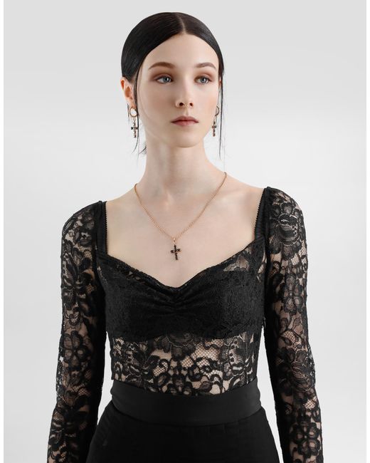 Dolce & Gabbana Black Floral Lace Top With A Sweetheart Neckline
