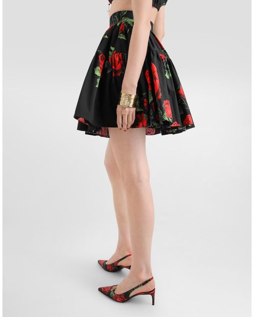 Dolce & Gabbana Red Rose-Print Poplin Skirt