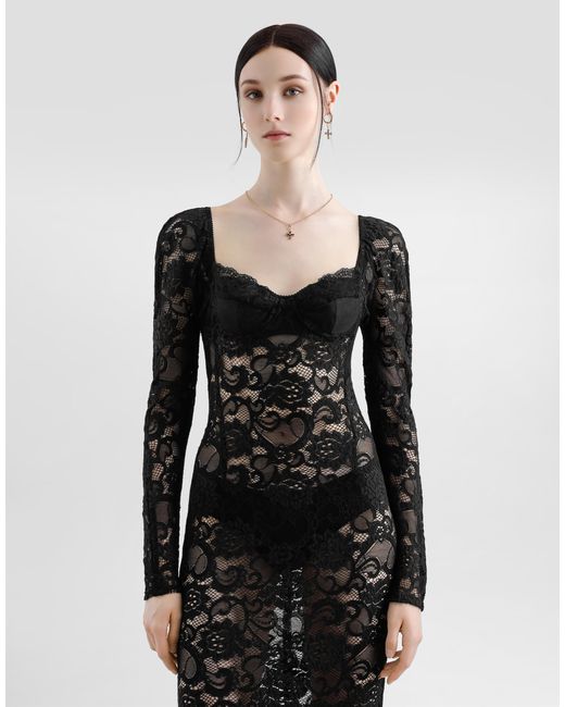 Dolce & Gabbana Black Longuette-Kleid Aus Floraler Spitze Mit Bh-Cups