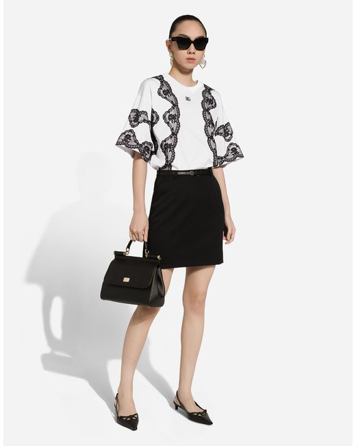 Dolce & Gabbana White T-Shirt Aus Jersey Mit Einsätzen Aus Spitze Und Dg-Logo