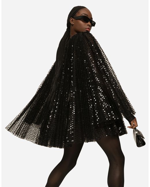 Dolce & Gabbana ショートプリーツドレス スパンコールワイドスリーブ Black