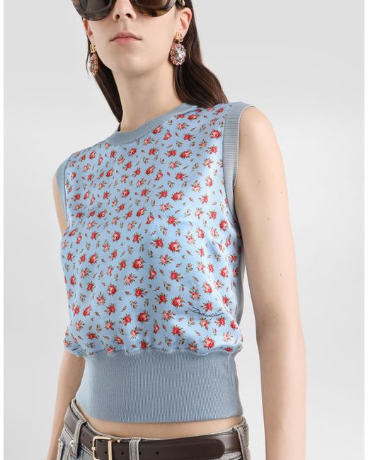 Dolce & Gabbana Blue Small Rose-Print Silk Tank Top