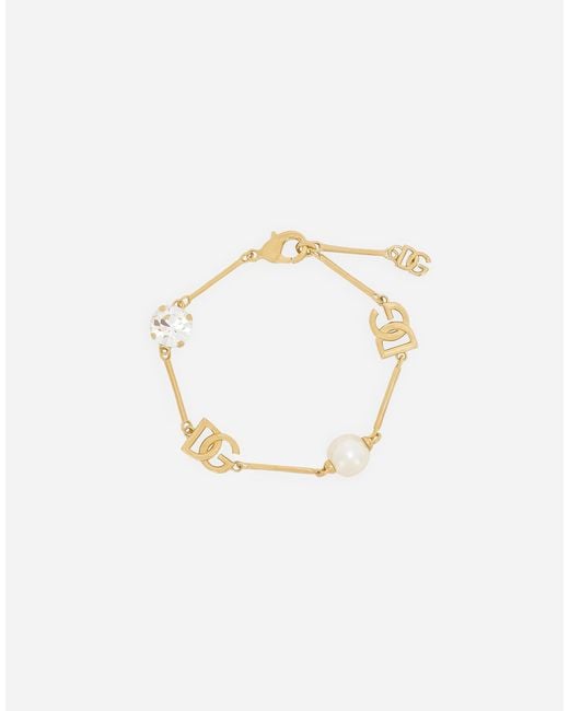 Dolce & Gabbana White Armband Mit Dg-Logo, Strass Und Perle