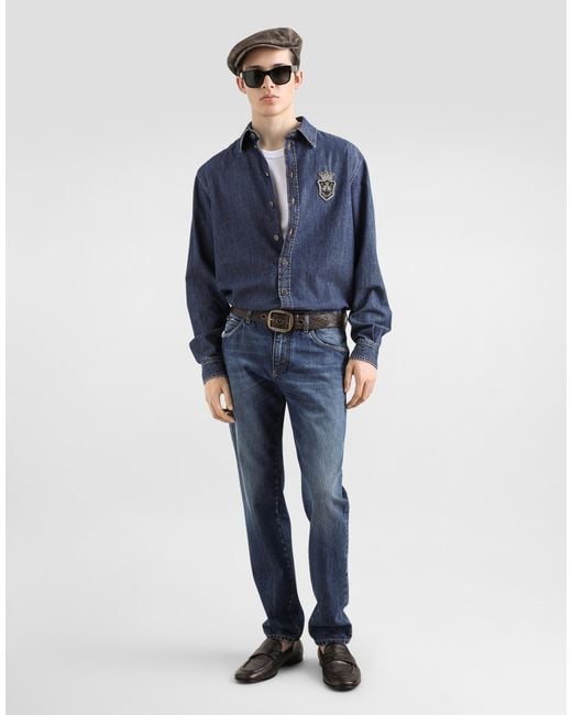 Dolce & Gabbana Blue Denim Shirt With Heraldic Emblem for men