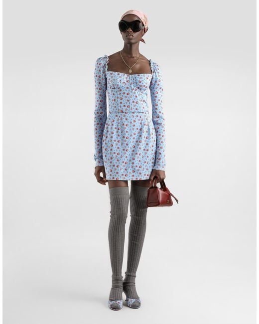 Dolce & Gabbana Blue Silk Dress With Floral Motif