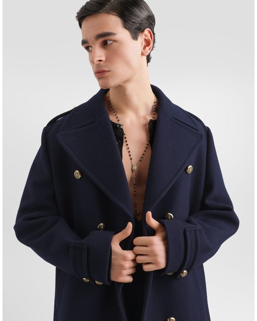 Dolce & Gabbana Blue Double-Breasted Wool Coat for men