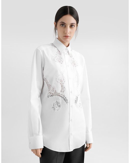 Dolce & Gabbana White Cotton Poplin Shirt With Lace Inlay