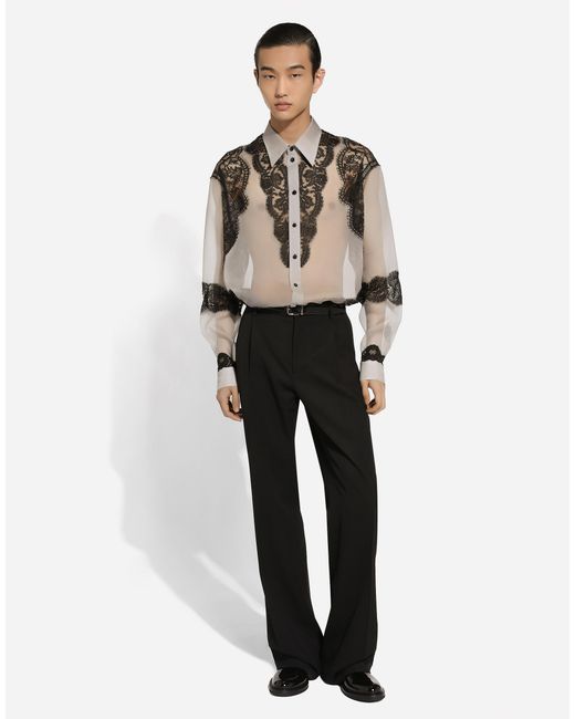 Dolce & Gabbana Gray Sheer Silk Lace-Trim Shirt for men