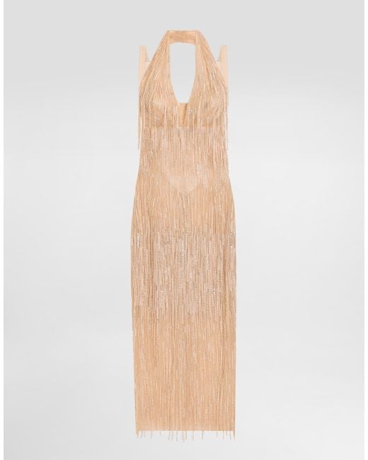 Dolce & Gabbana Natural Calf-Length Dress With Sequined Fringe Embellishment