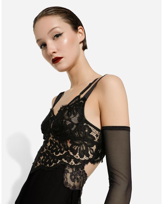 Dolce & Gabbana ロングドレス シルクシフォン レースボディス Black