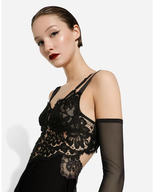 Dolce & Gabbana Black Long Silk Chiffon Dress With Lace Body
