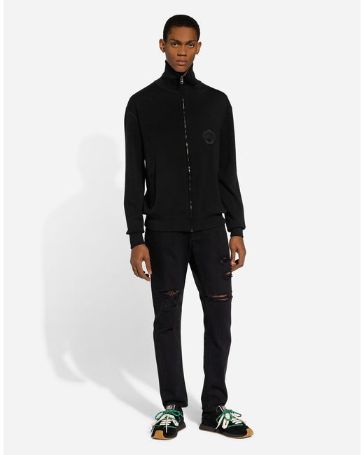 Dolce & Gabbana Black Cashmere And Silk Zip-Up Sweatshirt With Dg Patch for men